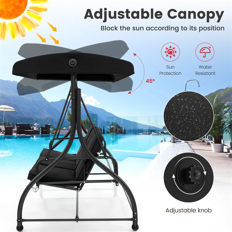 3-Person Porch Swing with Adjustable Canopy, Removable Cushions & Steel Frame, 2-in-1 Convertible Patio Swing Bed for Backyard, Poolside