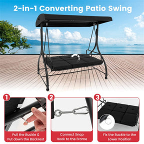 3-Person Porch Swing with Adjustable Canopy, Removable Cushions & Steel Frame, 2-in-1 Convertible Patio Swing Bed for Backyard, Poolside