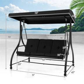 3-Person Porch Swing with Adjustable Canopy, Removable Cushions & Steel Frame, 2-in-1 Convertible Patio Swing Bed for Backyard, Poolside