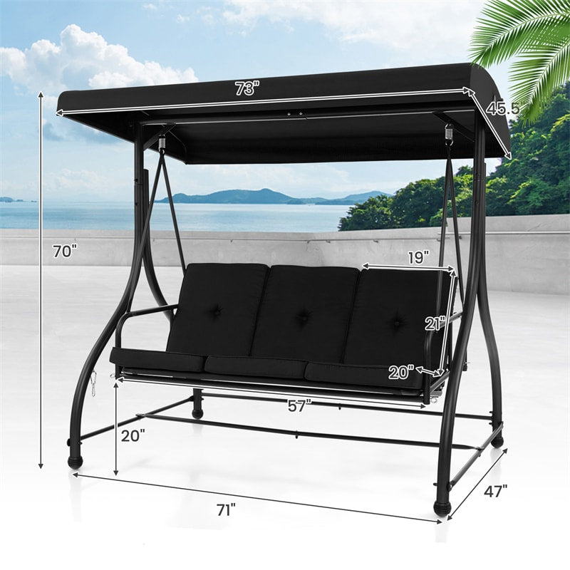 3-Person Porch Swing with Adjustable Canopy, Removable Cushions & Steel Frame, 2-in-1 Convertible Patio Swing Bed for Backyard, Poolside