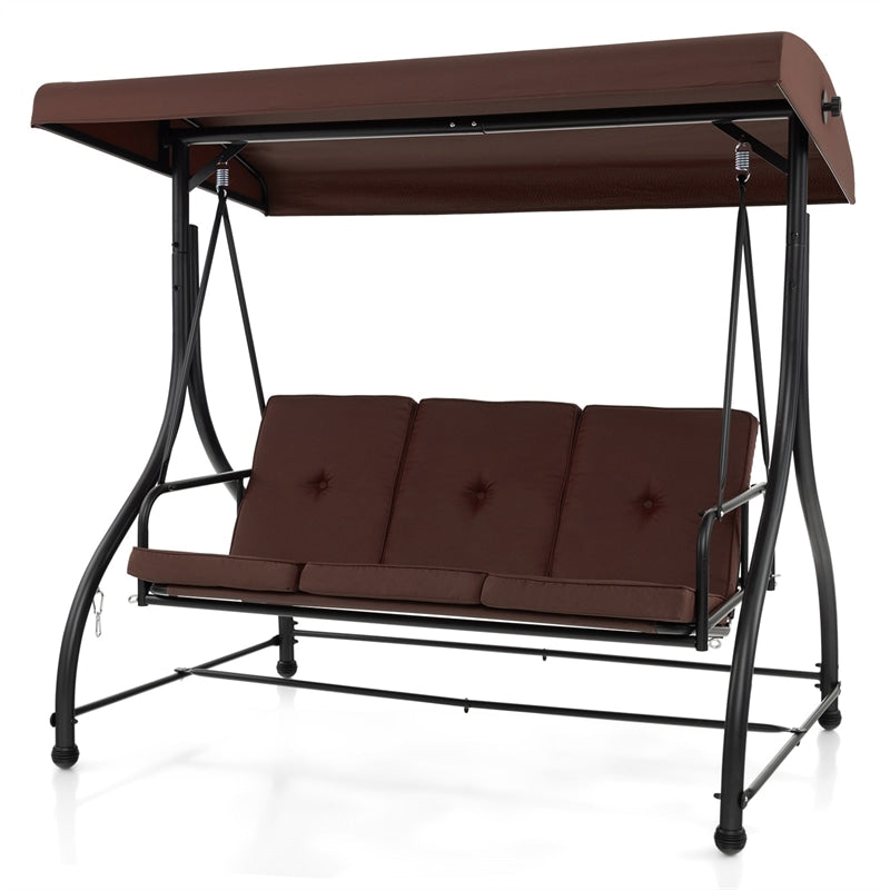3-Person Porch Swing with Adjustable Canopy, Removable Cushions & Steel Frame, 2-in-1 Convertible Patio Swing Bed for Backyard, Poolside