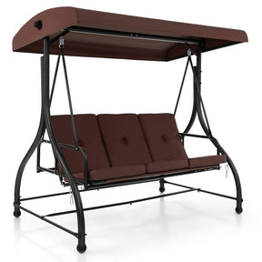 3-Person Porch Swing with Adjustable Canopy, Removable Cushions & Steel Frame, 2-in-1 Convertible Patio Swing Bed for Backyard, Poolside