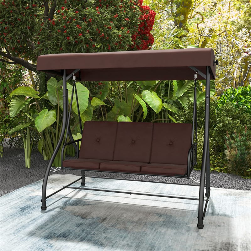 3-Person Porch Swing with Adjustable Canopy, Removable Cushions & Steel Frame, 2-in-1 Convertible Patio Swing Bed for Backyard, Poolside