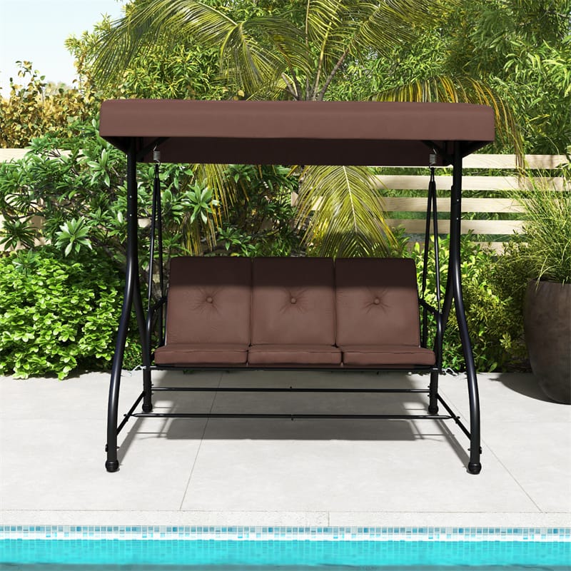 3-Person Porch Swing with Adjustable Canopy, Removable Cushions & Steel Frame, 2-in-1 Convertible Patio Swing Bed for Backyard, Poolside