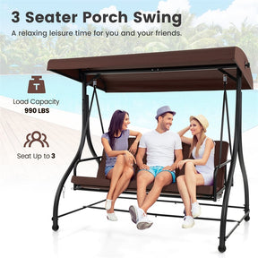 3-Person Porch Swing with Adjustable Canopy, Removable Cushions & Steel Frame, 2-in-1 Convertible Patio Swing Bed for Backyard, Poolside