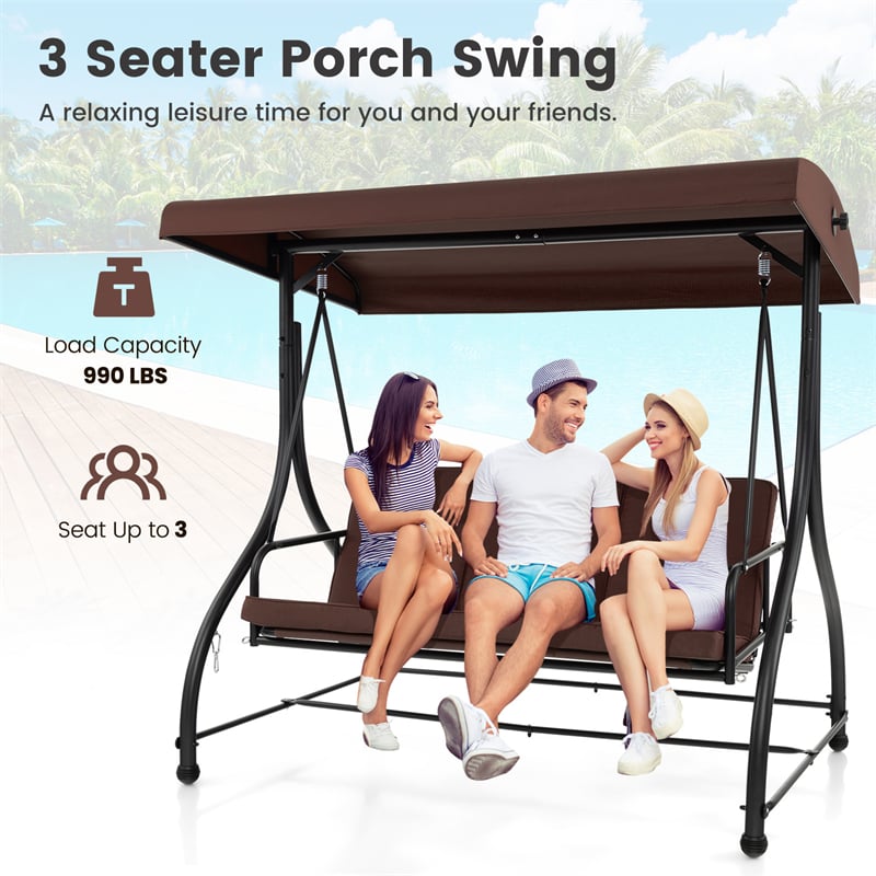 3-Person Porch Swing with Adjustable Canopy, Removable Cushions & Steel Frame, 2-in-1 Convertible Patio Swing Bed for Backyard, Poolside