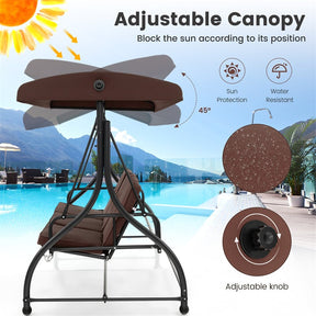 3-Person Porch Swing with Adjustable Canopy, Removable Cushions & Steel Frame, 2-in-1 Convertible Patio Swing Bed for Backyard, Poolside
