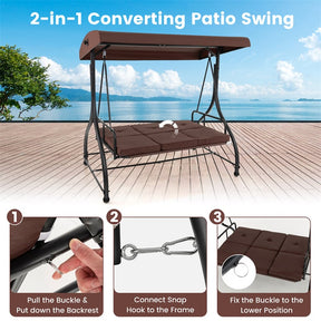 3-Person Porch Swing with Adjustable Canopy, Removable Cushions & Steel Frame, 2-in-1 Convertible Patio Swing Bed for Backyard, Poolside