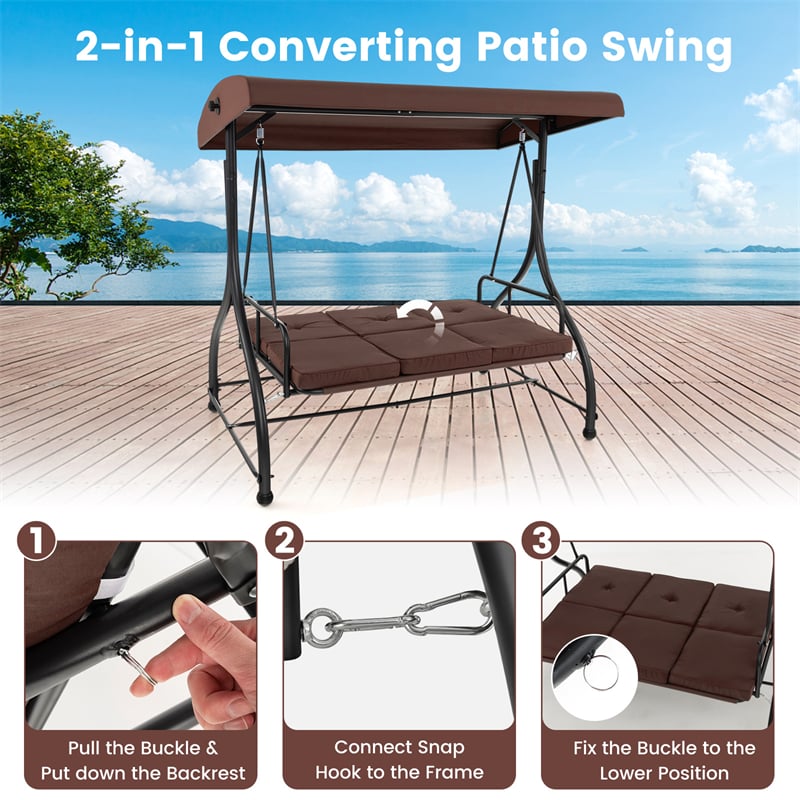 3-Person Porch Swing with Adjustable Canopy, Removable Cushions & Steel Frame, 2-in-1 Convertible Patio Swing Bed for Backyard, Poolside