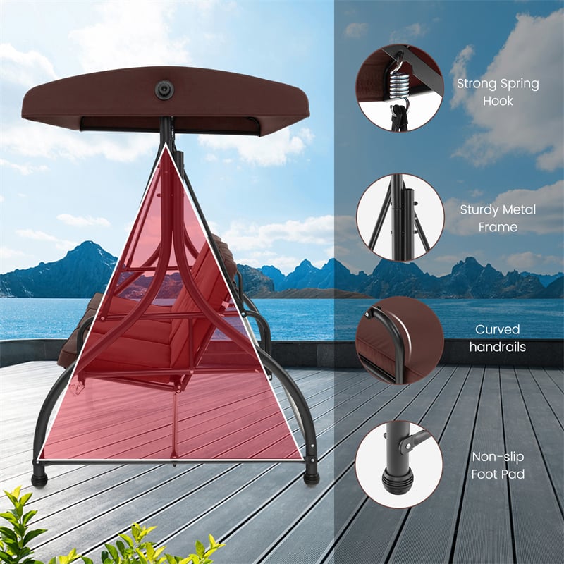 3-Person Porch Swing with Adjustable Canopy, Removable Cushions & Steel Frame, 2-in-1 Convertible Patio Swing Bed for Backyard, Poolside