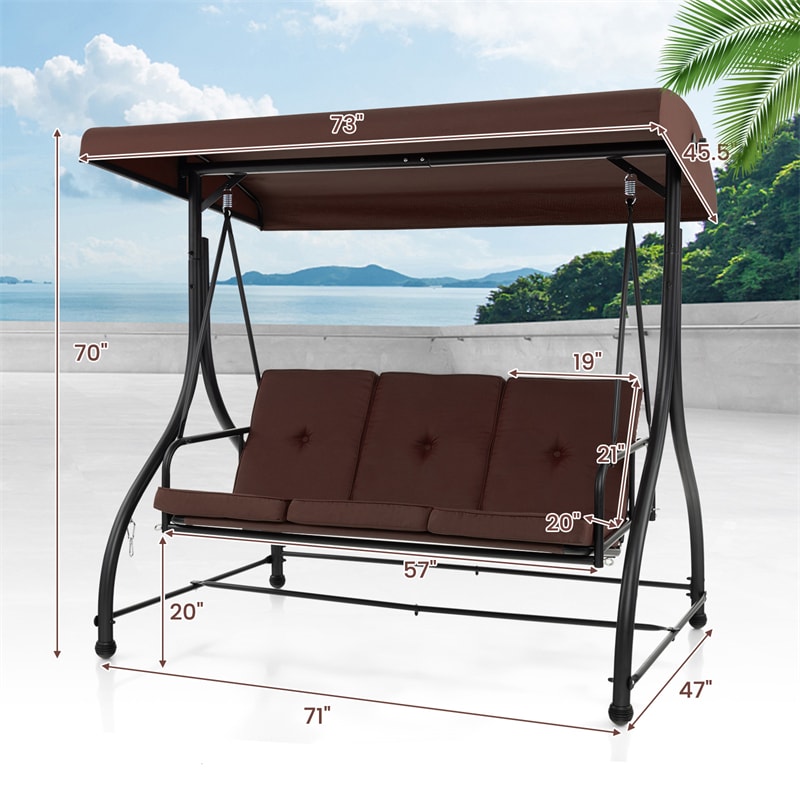 3-Person Porch Swing with Adjustable Canopy, Removable Cushions & Steel Frame, 2-in-1 Convertible Patio Swing Bed for Backyard, Poolside