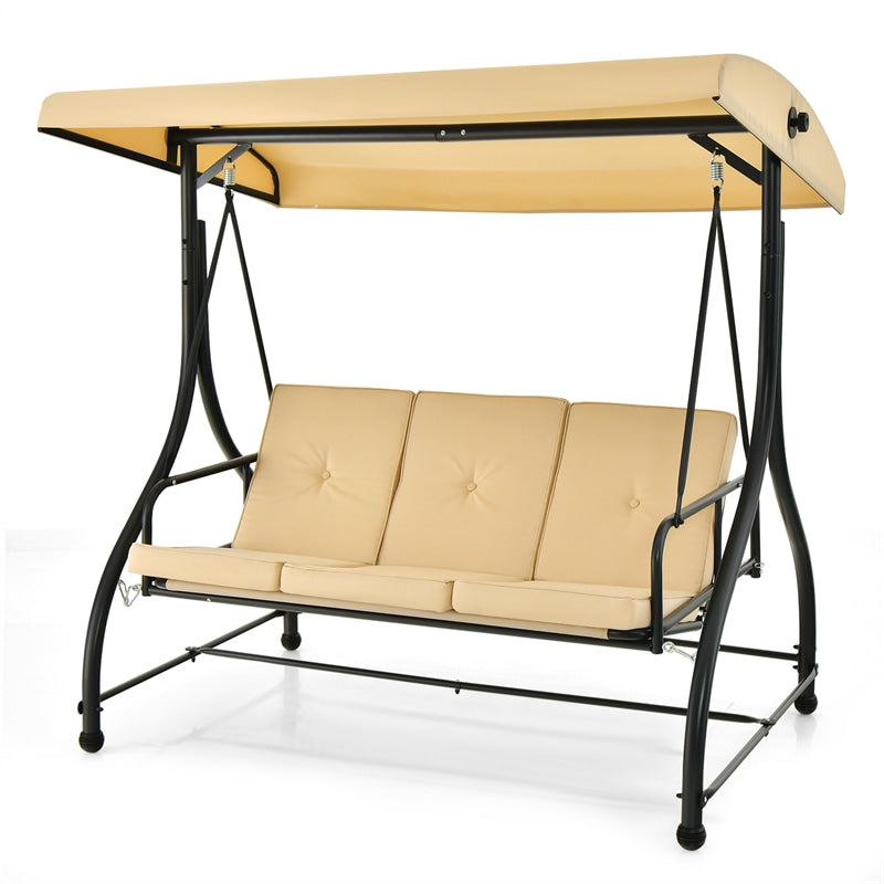 3-Person Porch Swing with Adjustable Canopy, Removable Cushions & Steel Frame, 2-in-1 Convertible Patio Swing Bed for Backyard, Poolside