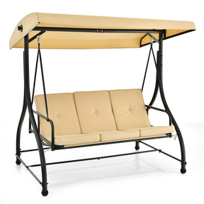 3-Person Porch Swing with Adjustable Canopy, Removable Cushions & Steel Frame, 2-in-1 Convertible Patio Swing Bed for Backyard, Poolside