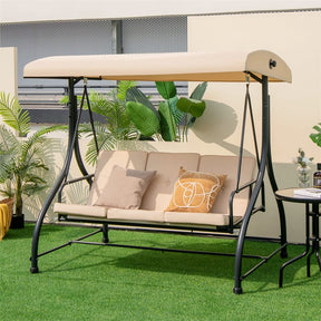 3-Person Porch Swing with Adjustable Canopy, Removable Cushions & Steel Frame, 2-in-1 Convertible Patio Swing Bed for Backyard, Poolside