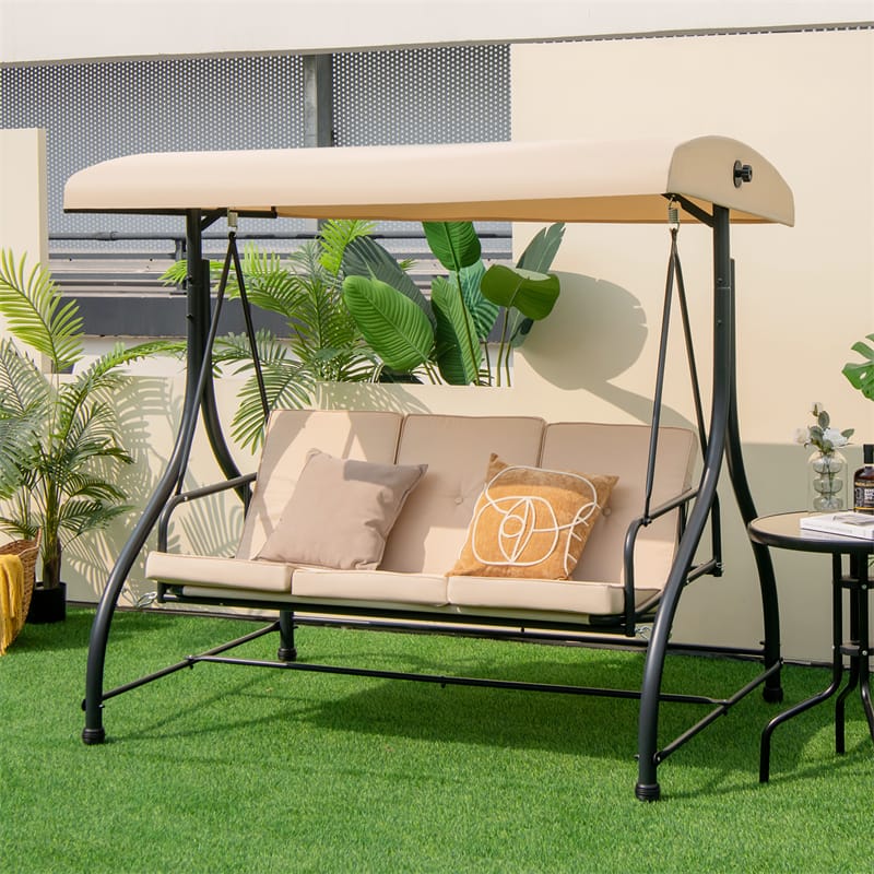 3-Person Porch Swing with Adjustable Canopy, Removable Cushions & Steel Frame, 2-in-1 Convertible Patio Swing Bed for Backyard, Poolside