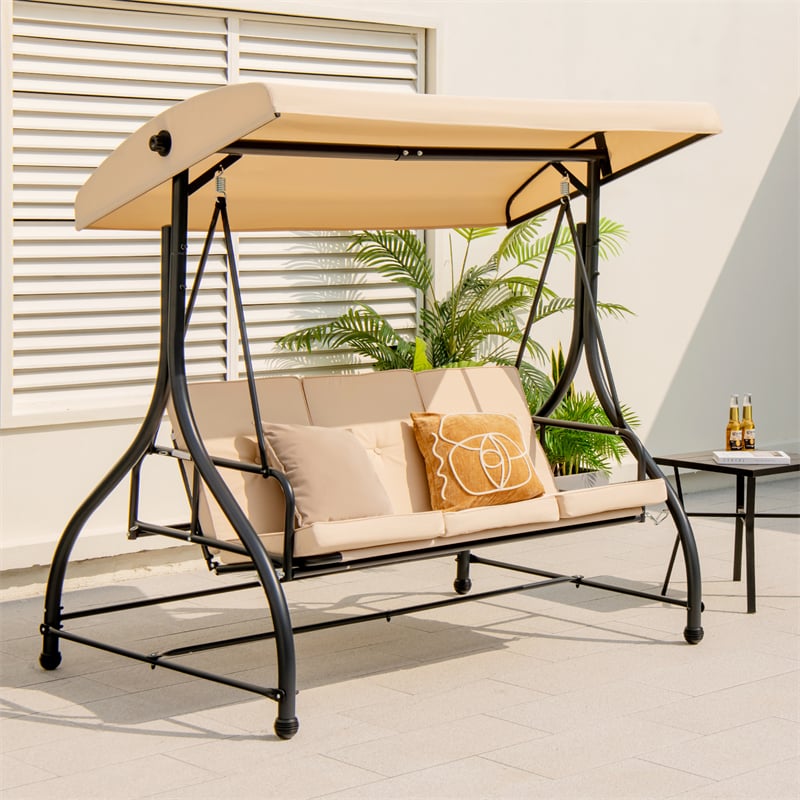 3-Person Porch Swing with Adjustable Canopy, Removable Cushions & Steel Frame, 2-in-1 Convertible Patio Swing Bed for Backyard, Poolside