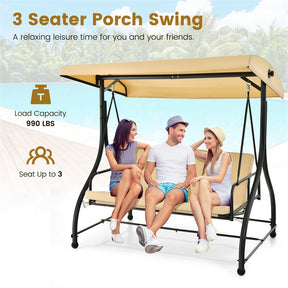 3-Person Porch Swing with Adjustable Canopy, Removable Cushions & Steel Frame, 2-in-1 Convertible Patio Swing Bed for Backyard, Poolside