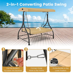 3-Person Porch Swing with Adjustable Canopy, Removable Cushions & Steel Frame, 2-in-1 Convertible Patio Swing Bed for Backyard, Poolside