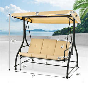 3-Person Porch Swing with Adjustable Canopy, Removable Cushions & Steel Frame, 2-in-1 Convertible Patio Swing Bed for Backyard, Poolside