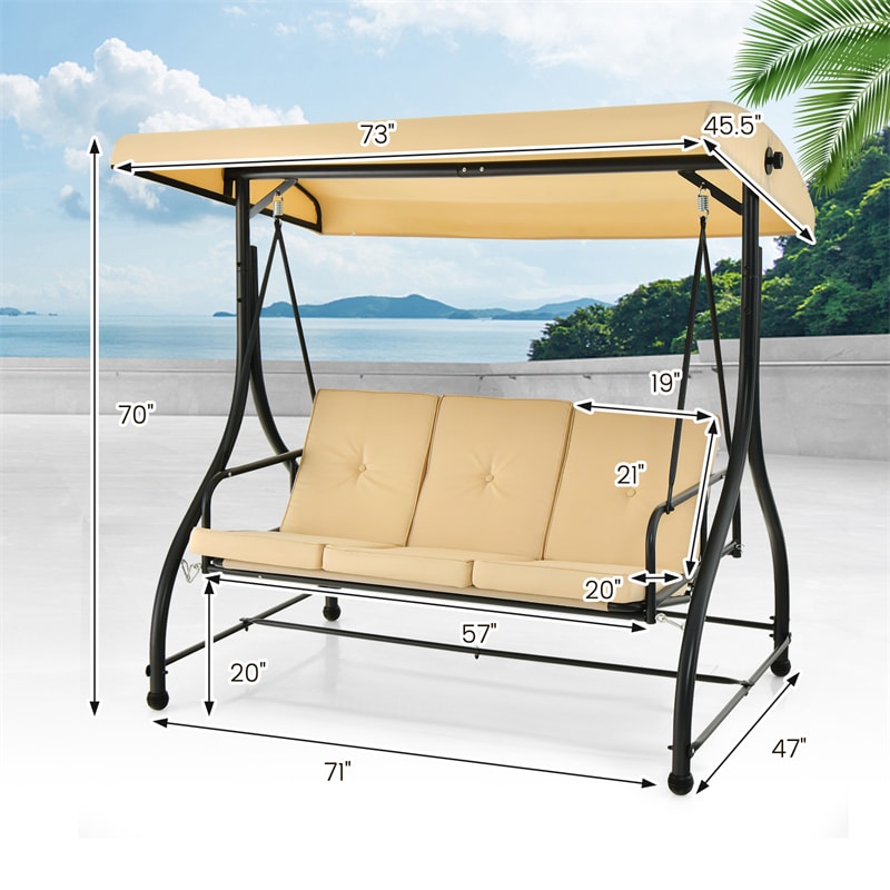 3-Person Porch Swing with Adjustable Canopy, Removable Cushions & Steel Frame, 2-in-1 Convertible Patio Swing Bed for Backyard, Poolside