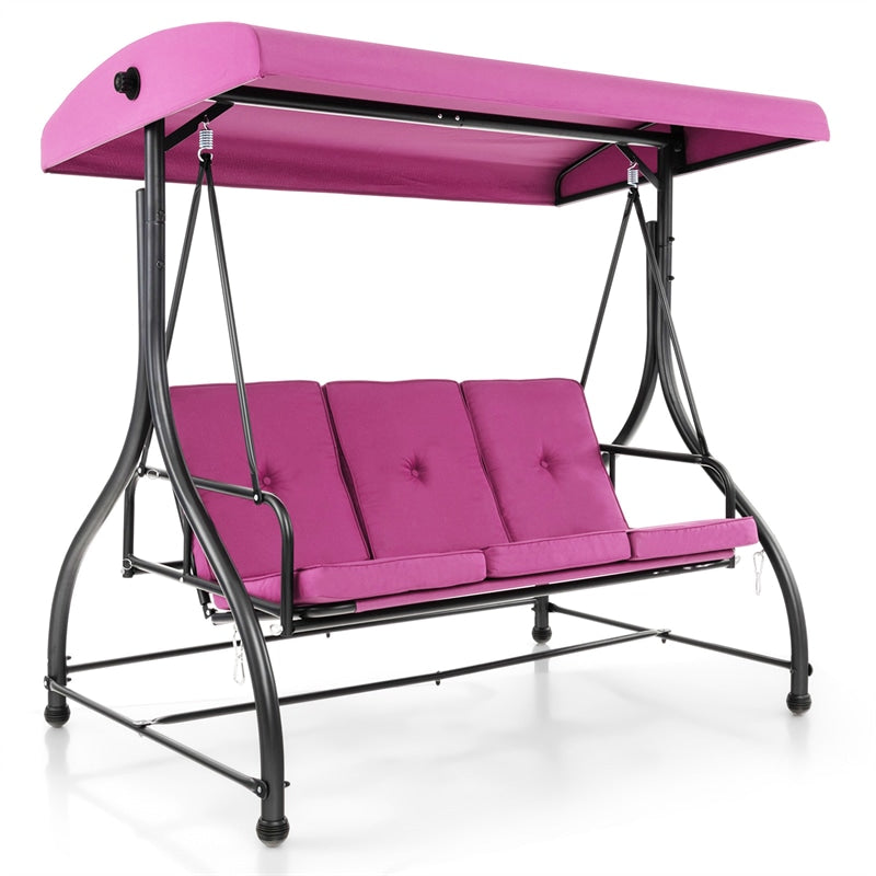 3-Person Porch Swing with Adjustable Canopy, Removable Cushions & Steel Frame, 2-in-1 Convertible Patio Swing Bed for Backyard, Poolside