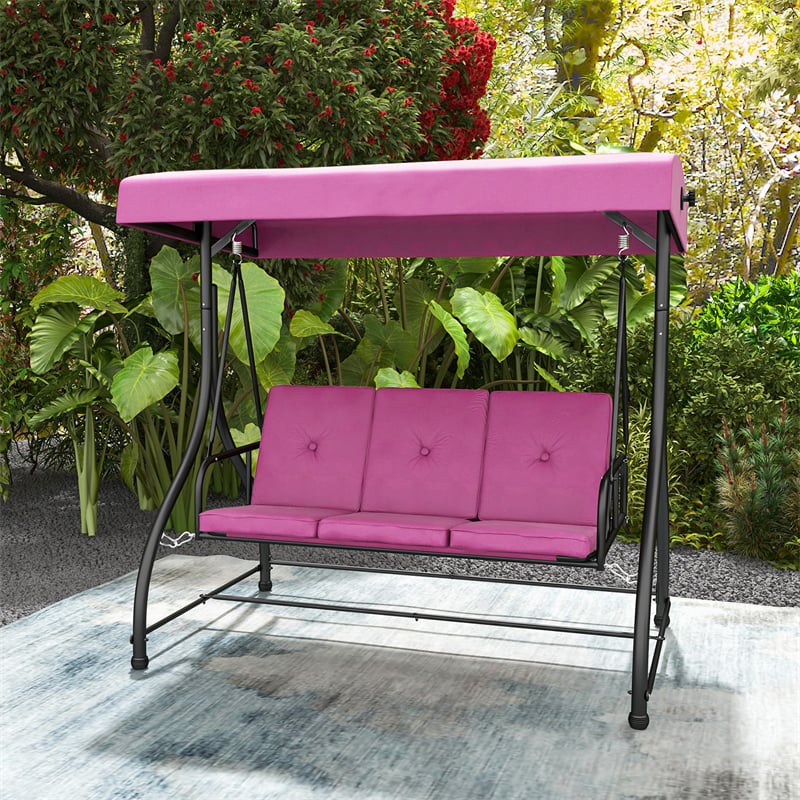 3-Person Porch Swing with Adjustable Canopy, Removable Cushions & Steel Frame, 2-in-1 Convertible Patio Swing Bed for Backyard, Poolside