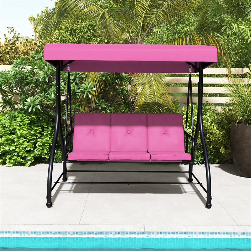 3-Person Porch Swing with Adjustable Canopy, Removable Cushions & Steel Frame, 2-in-1 Convertible Patio Swing Bed for Backyard, Poolside