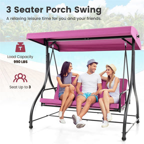 3-Person Porch Swing with Adjustable Canopy, Removable Cushions & Steel Frame, 2-in-1 Convertible Patio Swing Bed for Backyard, Poolside