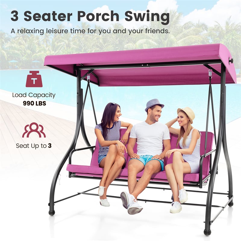 3-Person Porch Swing with Adjustable Canopy, Removable Cushions & Steel Frame, 2-in-1 Convertible Patio Swing Bed for Backyard, Poolside
