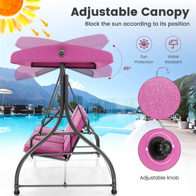 3-Person Porch Swing with Adjustable Canopy, Removable Cushions & Steel Frame, 2-in-1 Convertible Patio Swing Bed for Backyard, Poolside