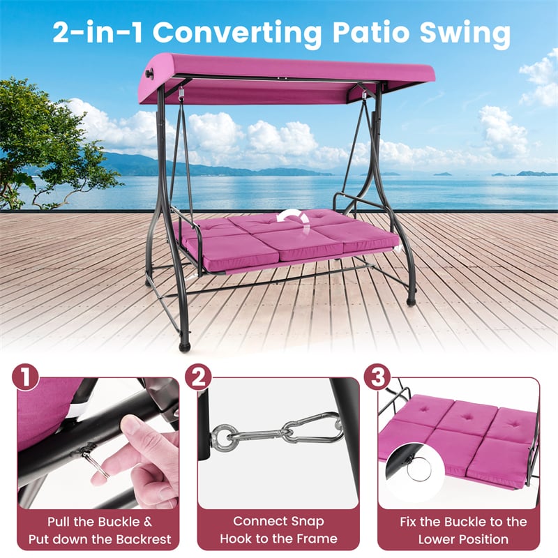 3-Person Porch Swing with Adjustable Canopy, Removable Cushions & Steel Frame, 2-in-1 Convertible Patio Swing Bed for Backyard, Poolside