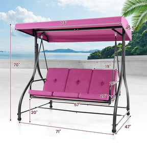 3-Person Porch Swing with Adjustable Canopy, Removable Cushions & Steel Frame, 2-in-1 Convertible Patio Swing Bed for Backyard, Poolside