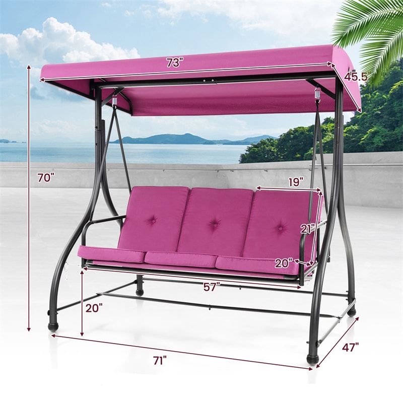 3-Person Porch Swing with Adjustable Canopy, Removable Cushions & Steel Frame, 2-in-1 Convertible Patio Swing Bed for Backyard, Poolside