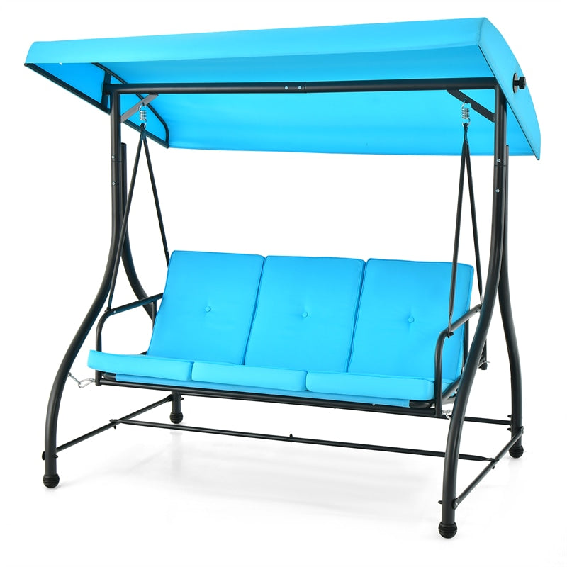 3-Person Porch Swing with Adjustable Canopy, Removable Cushions & Steel Frame, 2-in-1 Convertible Patio Swing Bed for Backyard, Poolside