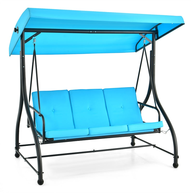 3-Person Porch Swing with Adjustable Canopy, Removable Cushions & Steel Frame, 2-in-1 Convertible Patio Swing Bed for Backyard, Poolside