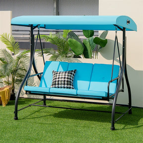 3-Person Porch Swing with Adjustable Canopy, Removable Cushions & Steel Frame, 2-in-1 Convertible Patio Swing Bed for Backyard, Poolside