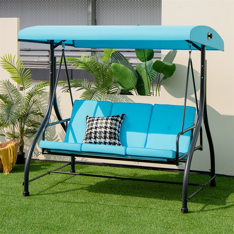 3-Person Porch Swing with Adjustable Canopy, Removable Cushions & Steel Frame, 2-in-1 Convertible Patio Swing Bed for Backyard, Poolside