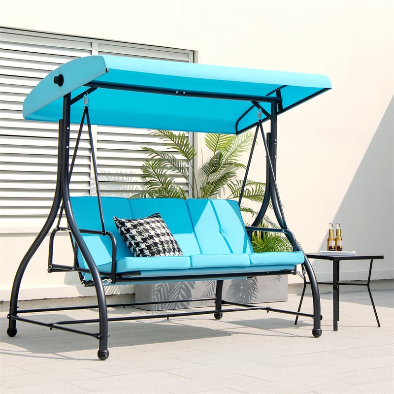 3-Person Porch Swing with Adjustable Canopy, Removable Cushions & Steel Frame, 2-in-1 Convertible Patio Swing Bed for Backyard, Poolside