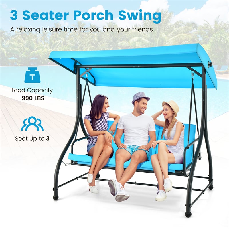 3-Person Porch Swing with Adjustable Canopy, Removable Cushions & Steel Frame, 2-in-1 Convertible Patio Swing Bed for Backyard, Poolside
