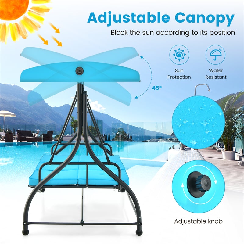 3-Person Porch Swing with Adjustable Canopy, Removable Cushions & Steel Frame, 2-in-1 Convertible Patio Swing Bed for Backyard, Poolside