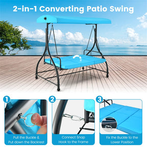 3-Person Porch Swing with Adjustable Canopy, Removable Cushions & Steel Frame, 2-in-1 Convertible Patio Swing Bed for Backyard, Poolside