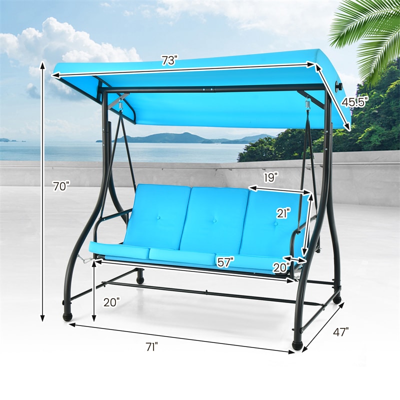 3-Person Porch Swing with Adjustable Canopy, Removable Cushions & Steel Frame, 2-in-1 Convertible Patio Swing Bed for Backyard, Poolside