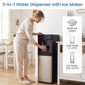 3-in-1 Bottom Loading Water Dispenser with Ice Maker for 5 Gallon Bottle, Stainless Steel Hot and Cold Water Cooler, 33LBS/24H Bullet Ice & Child Lock