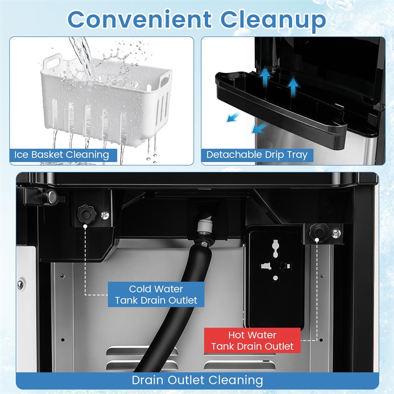 3-in-1 Bottom Loading Water Dispenser with Ice Maker for 5 Gallon Bottle, Stainless Steel Hot and Cold Water Cooler, 33LBS/24H Bullet Ice & Child Lock