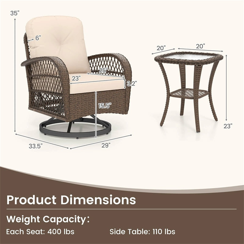 3 Piece Patio Wicker Swivel Rocker Chair Set, Outdoor Rattan Glider Bistro Furniture Set with 2-Tier Tempered Glass Side Table & Cushions