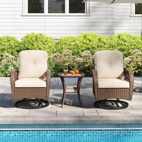 3 Piece Patio Wicker Swivel Rocker Chair Set, Outdoor Rattan Glider Bistro Furniture Set with 2-Tier Tempered Glass Side Table & Cushions