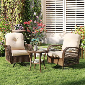 3 Piece Patio Wicker Swivel Rocker Chair Set, Outdoor Rattan Glider Bistro Furniture Set with 2-Tier Tempered Glass Side Table & Cushions