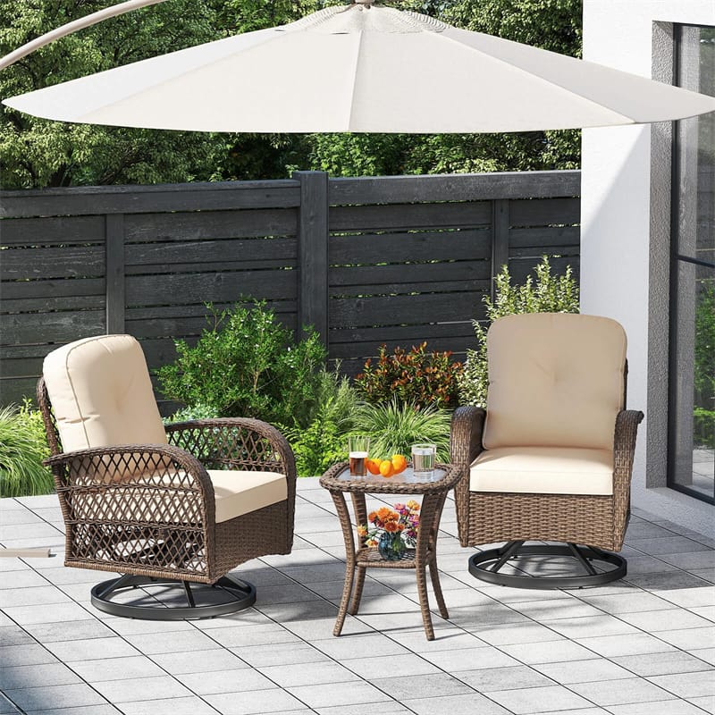 3 Piece Patio Wicker Swivel Rocker Chair Set, Outdoor Rattan Glider Bistro Furniture Set with 2-Tier Tempered Glass Side Table & Cushions