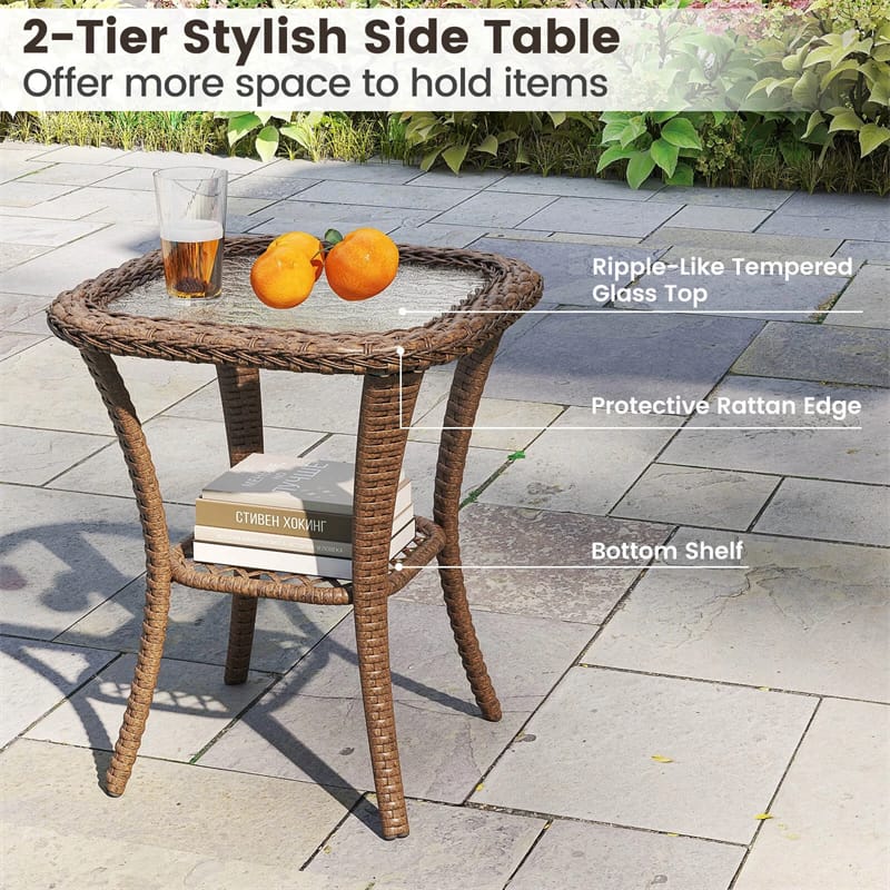 3 Piece Patio Wicker Swivel Rocker Chair Set, Outdoor Rattan Glider Bistro Furniture Set with 2-Tier Tempered Glass Side Table & Cushions