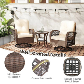3 Piece Patio Wicker Swivel Rocker Chair Set, Outdoor Rattan Glider Bistro Furniture Set with 2-Tier Tempered Glass Side Table & Cushions